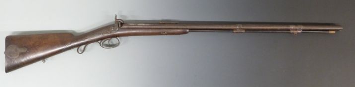 Unnamed 38 bore side by side percussion hammer action rifle with line engraved locks,
