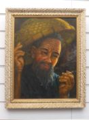 Eastern oil on canvas man with wicker basket, signed lower left Wing,