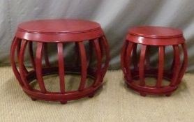 Two red Chinese lacquer coffee tables, largest 60cm diameter x 52cm tall,