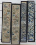 Two pairs of Chinese embroidered silk cuffs both in frames