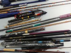 Collection of coarse fishing poles including Daiwa Carbon Mate G241-80, landing net handles,