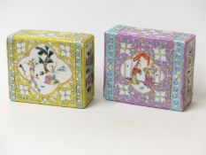 A pair of Chinese pillows or flower blocks with figural decoration