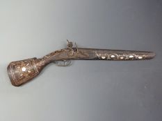 Flintlock hammer action large pistol or coaching gun with wire and mother of pearl inlay,