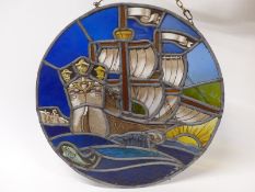 An early 20thC circular leaded glass stained panel depicting a ship named Stephen Harding,