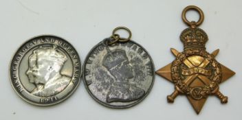 Three medals comprising a WWI 1914-1915 Star named to 13164 Pte. E. Witts Hampshire Regt.