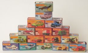 Sixteen Matchbox 1-75 series diecast model vehicles 2, 4, 5, 7, 24, 25, 27, 32, 43, 44, 46, 51, 72,