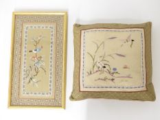 Chinese embroidered section in a frame and an embroidered pillow