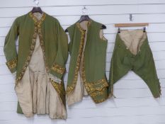 Georgian gentleman's frock coat, waistcoat and trousers in green cloth,