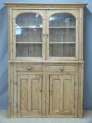 Pine kitchen cupboard or dresser with glazed top section and two cupboards below two drawers to