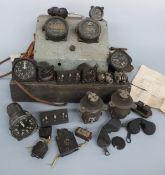 A collection of vintage gauges and switches including Bakelite Air Ministry switch sets,