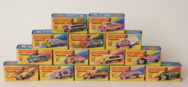 Fourteen Matchbox Superfast 1-75 series diecast model vehicles 1, 2, 4, 5, 13, 14, 15, 27, 30, 40,
