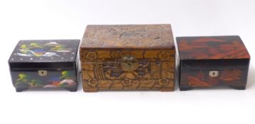 Two Japanese lacquer jewellery boxes and a carved wooden box