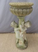 A pedestal garden urn with cherubs to base and a further stand