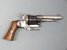 Belgian 7mm pinfire six-shot double action revolver with shaped wooden grips, folding trigger and 3.