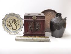 Chinese carved wooden miniature cabinet, a Chinese crackle glaze dish with dragon decoration,