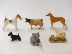 Six Beswick figures including Greyhound, Ayshire cow, Mind How You Go,