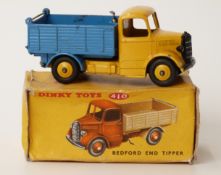 Dinky Toys diecast model Bedford End Tipper with blue bed and yellow cab and hubs 410,