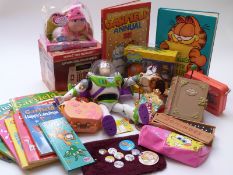 Collection of toys and books to include Garfield, Fisher Price, Sponge Bob, Buzz Lightyear,