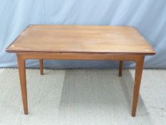 G Plan style table and four black upholstered chairs,