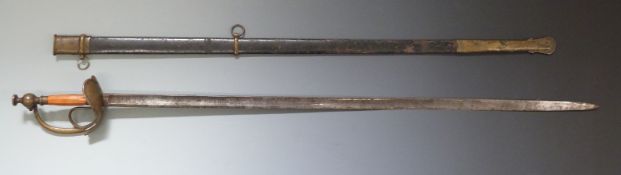 Italian Albertina 1833 sword with heart shaped brass guard and wood handle with stirrup guard,