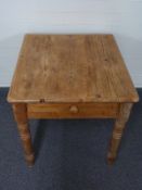Square pine kitchen table with single drawer,