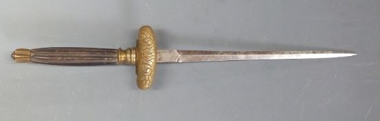 A stiletto dagger with reeded horn handle, engraved brass mounts and 20cm double edged blade,