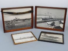 Four black and white photos of naval ships including one HMS Bristol signed example,