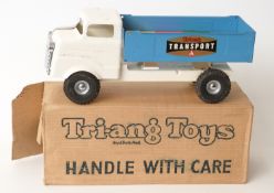 Tri-ang pressed steel Junior Brick Truck with cream cab and chassis, blue back and wooden bricks,
