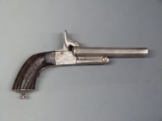 Unnamed side by side pinfire hammer action belt pistol with chequered locks, reeded grip,