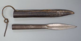 A pig sticking lance head in original leather pouch,