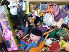 Large collection of dolls and action figures including Sindy, Barbie, Acton Man, Pinky and Perky,