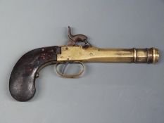 Belgian brass percussion hammer action pocket pistol with shaped wooden grip and 3.
