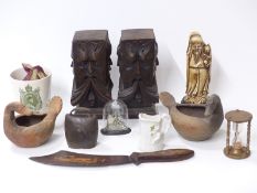 Two carved finials with 'Green Man' decoration, Chinese ceramic bird bowls, egg timer,