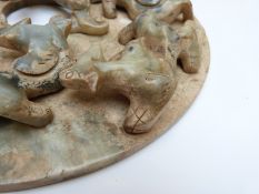 Chinese jadeite style disc with applied decoration depicting chilong,