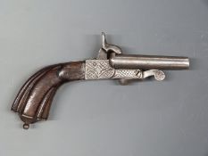 Unnamed side by side pinfire hammer action belt pistol with engraved locks,