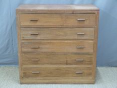 Teak Arts and Crafts chest of five graduated drawers with peg joints and panelled ends W102 x D51 x