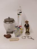A collection of items to include Galileo thermometer,