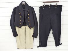 A c1845 Royal Edinburgh Yacht Club mess coat and trousers in black cloth,