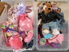 Ten large and three small Build A Bear soft toys with a large quantity of related clothing to