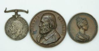 Two 19thC bronze medallions including Garibaldi and a WWI medal