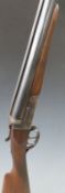 Elbar 12 bore side by side shotgun with engraved lock, chequered grip and forend and 27.