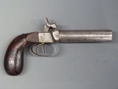 Unnamed 12 bore side by side percussion hammer action 'man stopper' pistol with shaped wooden grips,