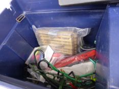 A blue fishing tackle seat/box with clip on bait trays, fishing accessories, pole winders/floats,