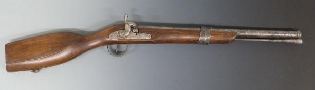 Percussion hammer action gun with shaped stock, sling suspension mounts, steel butt plate,