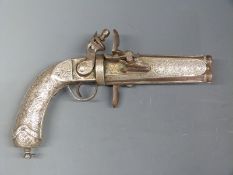 Middle Eastern flintlock hammer action double barrelled over and under pistol with all over