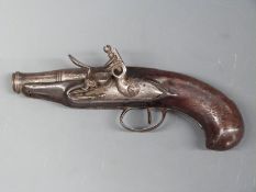 Left handed flintlock hammer action coat pistol with wire inlaid grip,