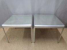 Two aluminium tables with mirrored tops,