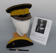 Peaked cap, side cap, and hexagonal Art Deco wristwatch engraved GFD,