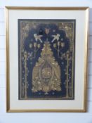 A 19thC/20thC gold thread work embroidery depicting a stylised tree and doves,