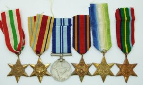 A group of six WWII medals comprising Italy Star, Africa Star, Atlantic Star, Burma Star,